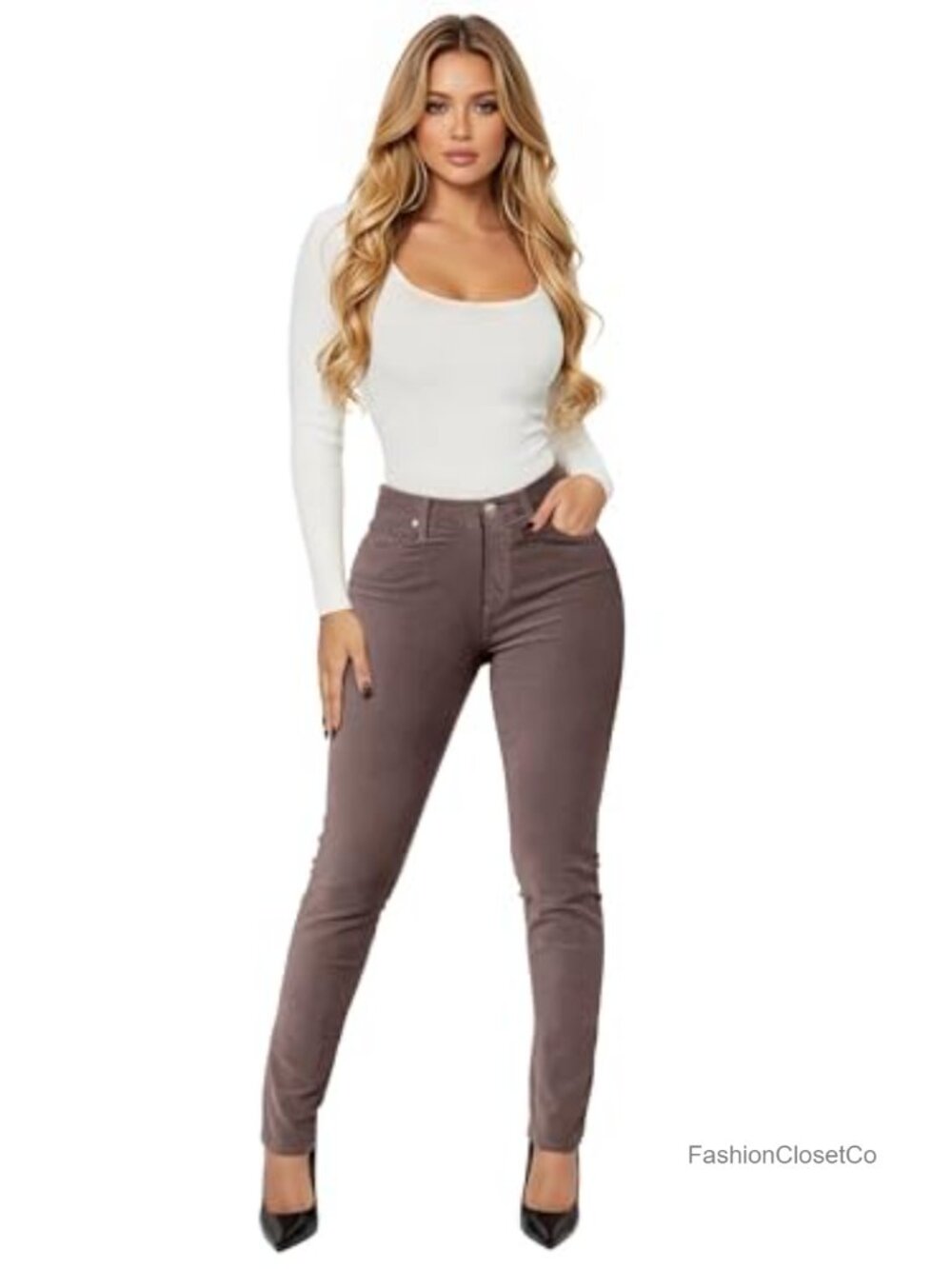 Corduroy Skinny Pants Stretch Mid Rise 5 Pocket Casual Fall Winter